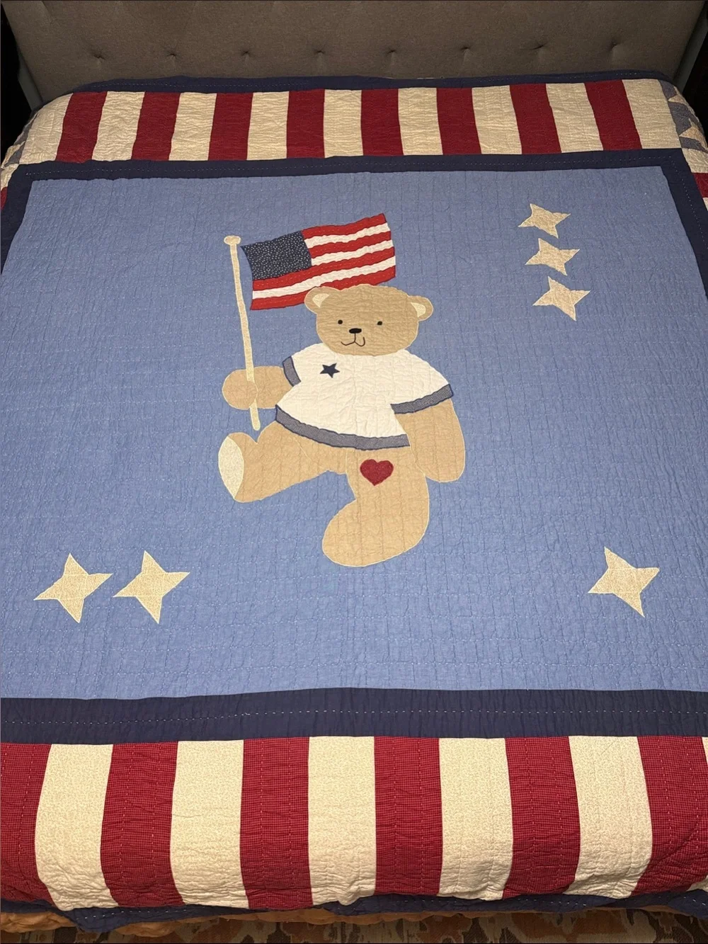 Patriotic Hand Stitched Teddy Bear Quilt in Blue & Red - Double Sided - King